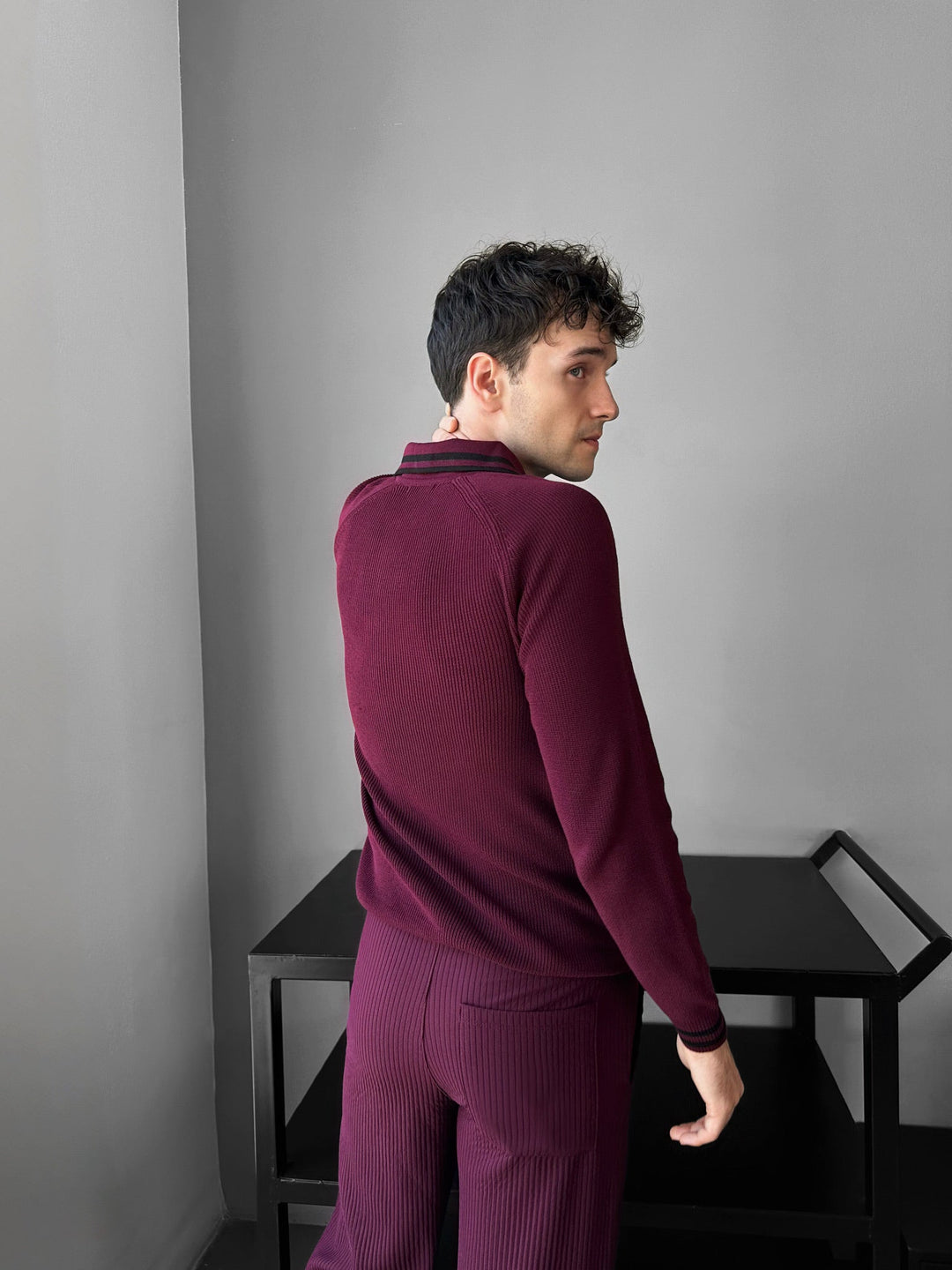 Slim Fit Half-Zip Haftowany Sweter Polo - Bordeaux