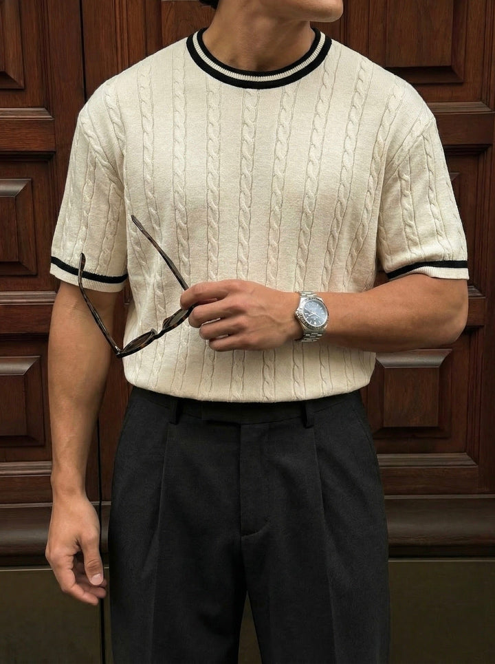 Regular Fit Braid Knit T-shirt - Kremowy