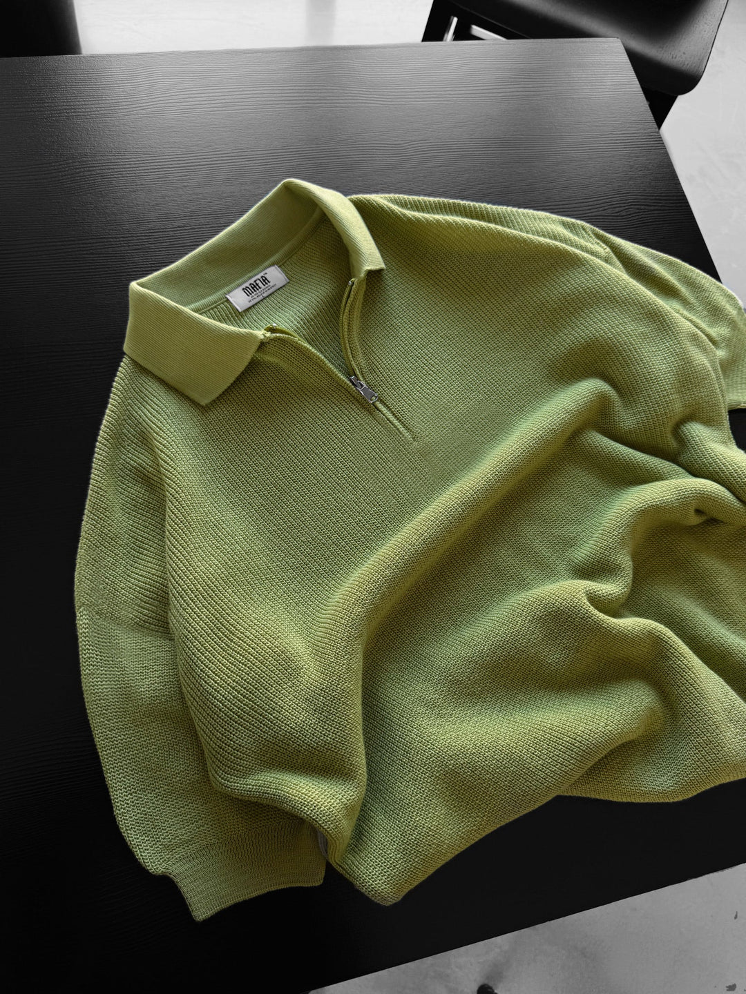Oversize Zipper Knit Polo T-shirt - Jasnozielony