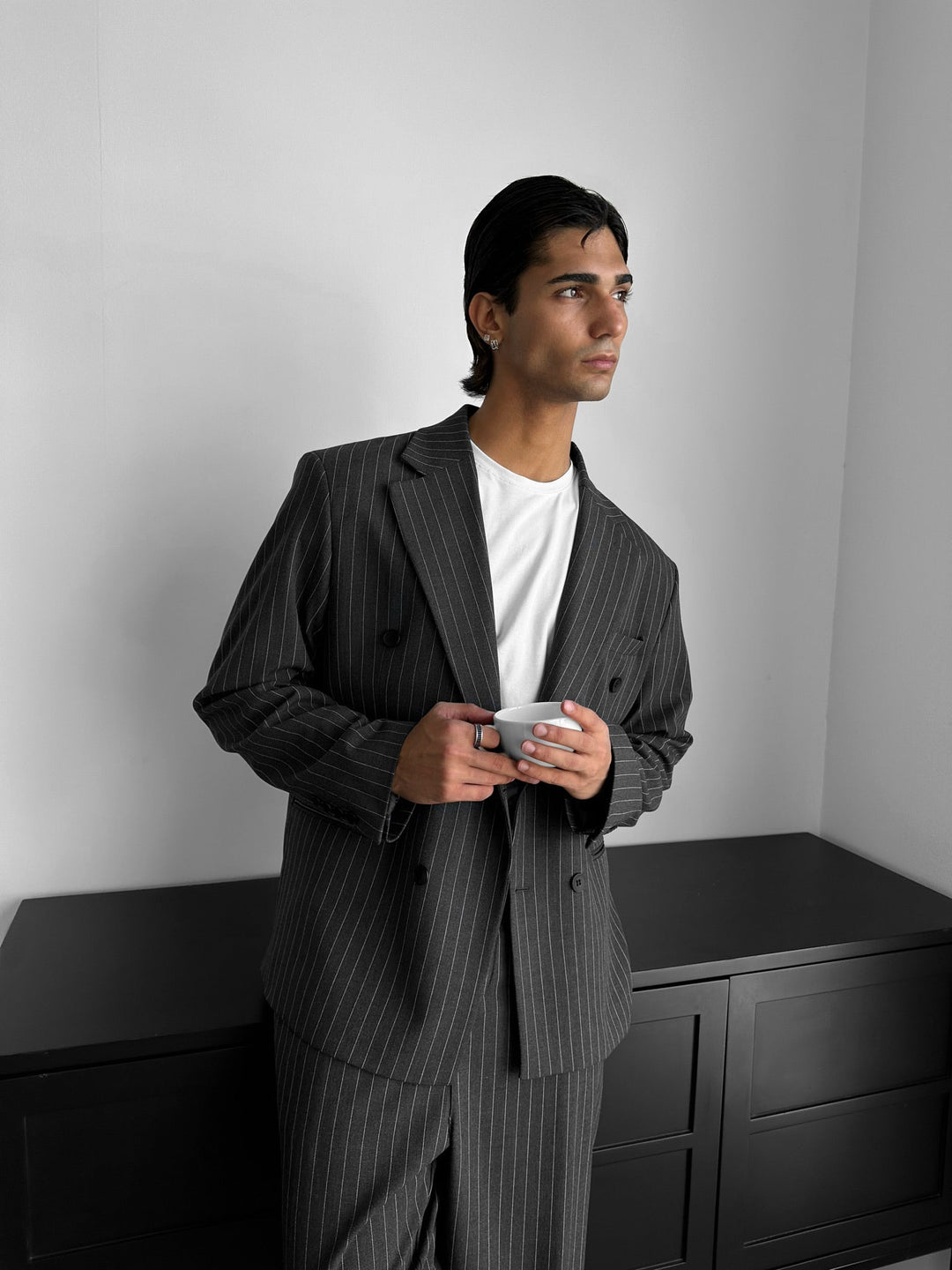 Oversize Pinstripe Podwójnie Zapięty Garnitur - Czarny