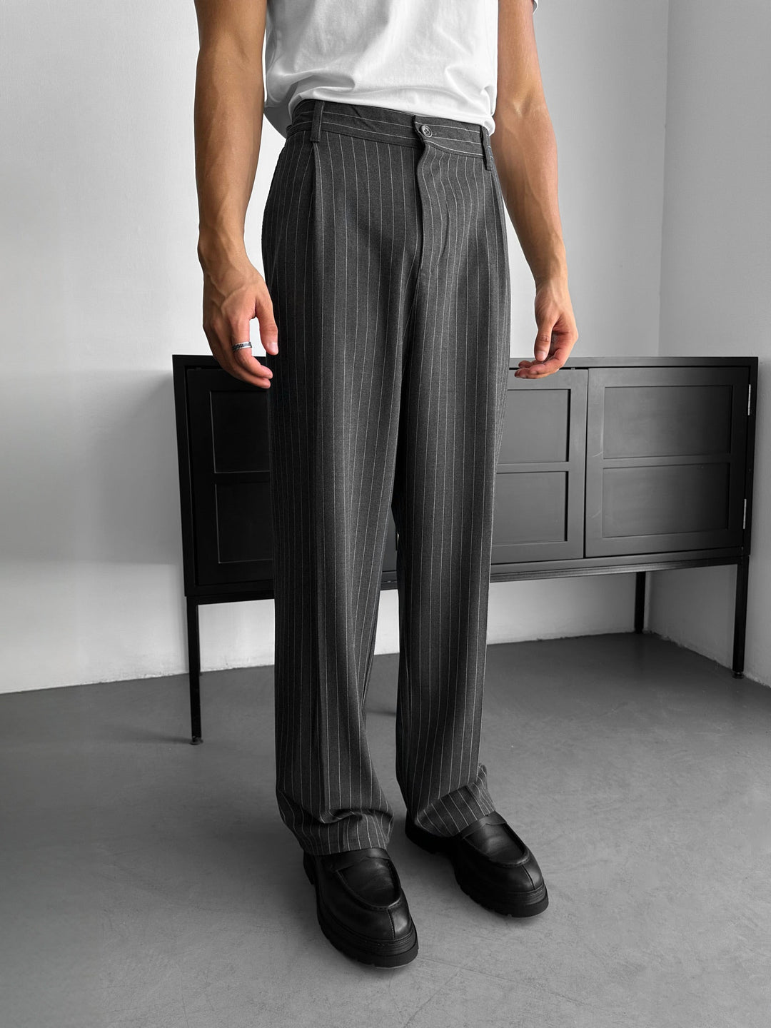 Oversize Pinstripe Podwójnie Zapięty Garnitur - Czarny