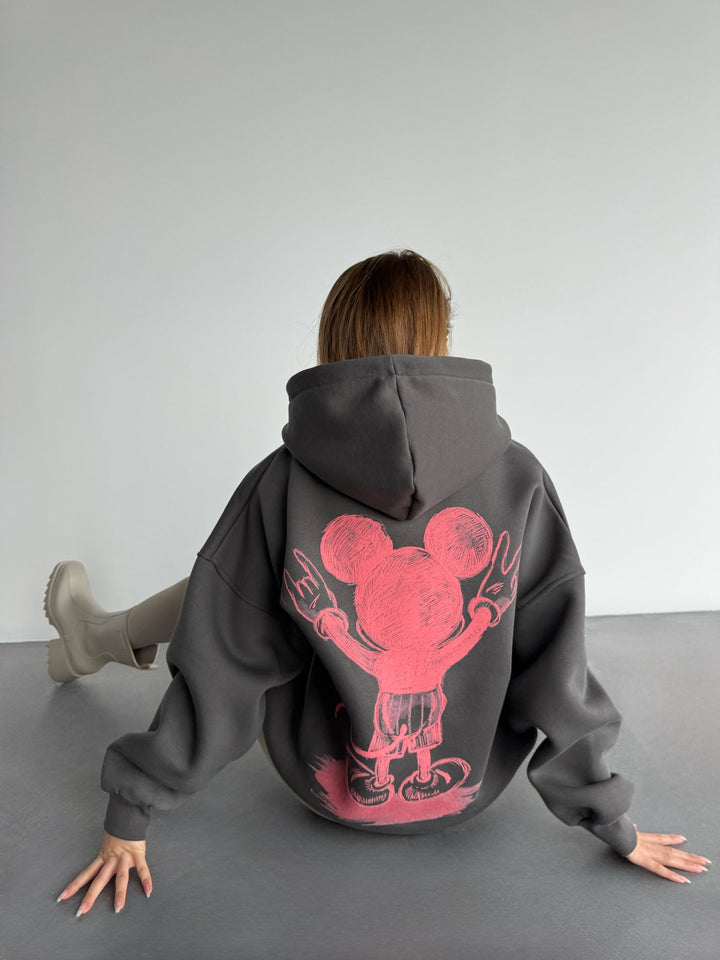 Oversize Hoodie z Myszką - Antracytowy i Różowy