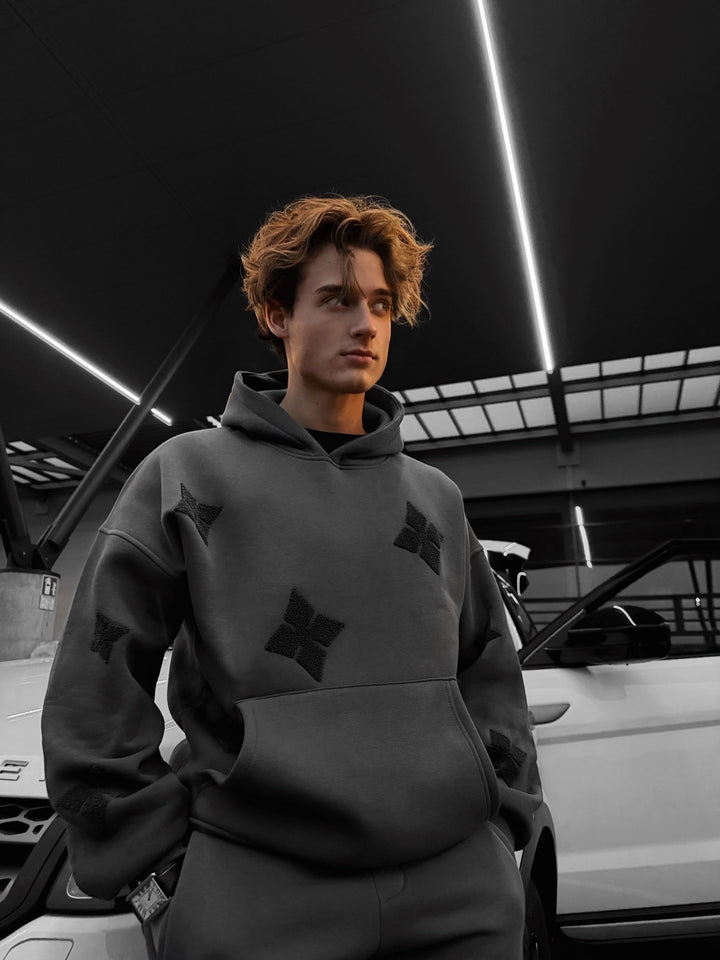 Oversize Szczegółowa Bluza z Kapturem - Antracyt