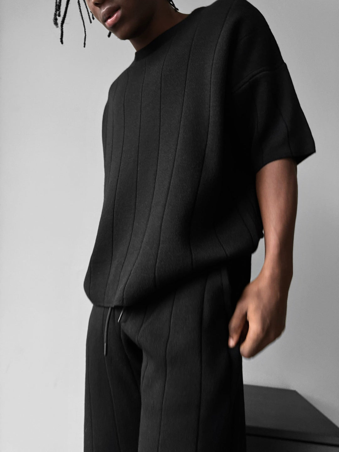 T-shirt Oversize z Dzianiny - Czarny