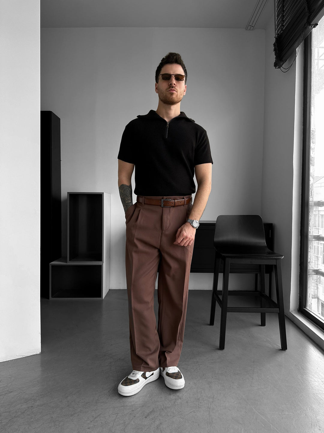 Oversize Zip Neck Knit T-shirt - Ciemnobrązowy