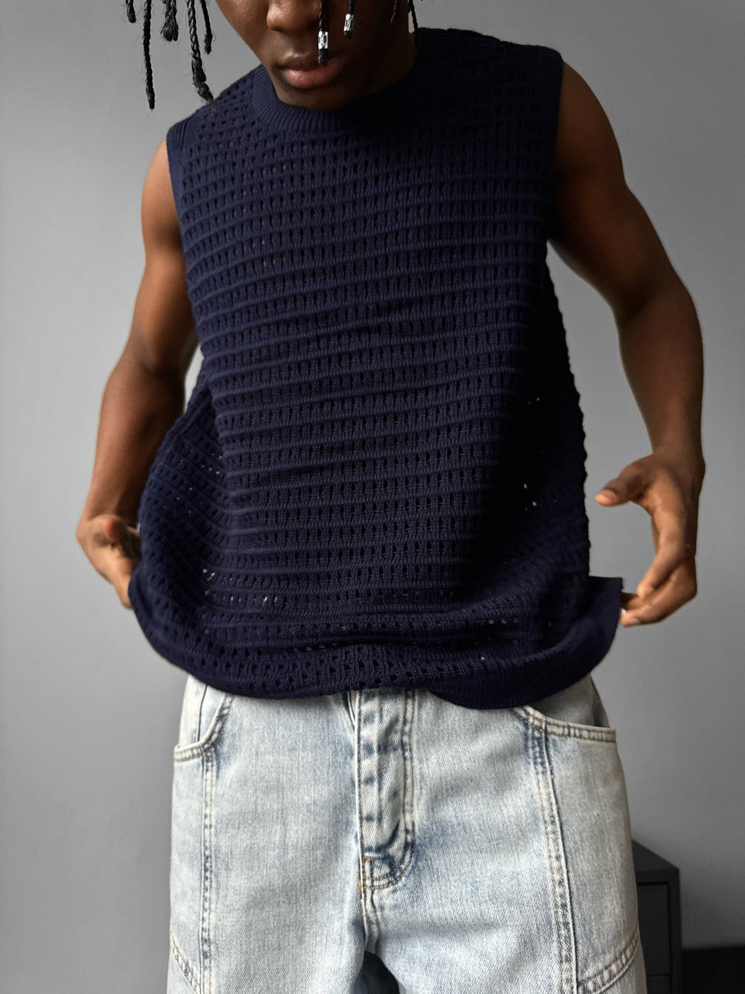 Oversize Grid Tanktop - Ciemnoniebieski