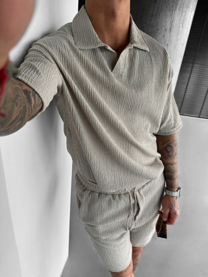 Oversize Crepe Polo T-Shirt - Kamień