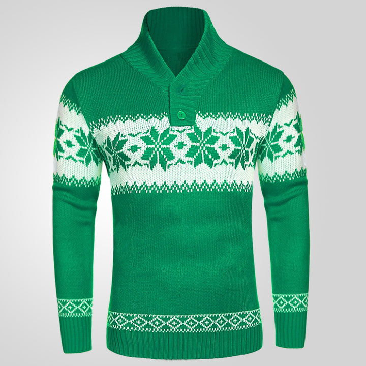 Męski świąteczny sweter w śnieżynki z kołnierzem