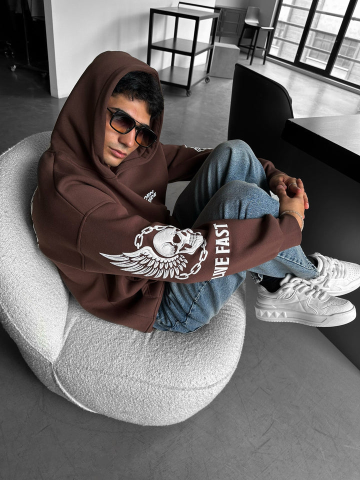 Oversize Hoodie "Ride to Survive" - Brązowy
