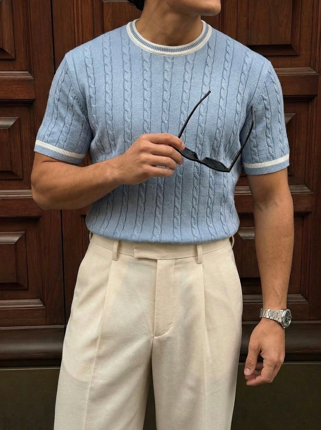 T-shirt Regular Fit Braid Knit - Babyblue