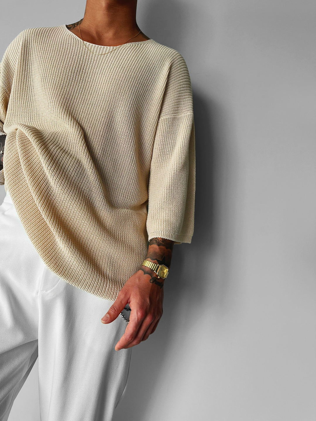 Oversize Długi T-Shirt Dzianinowy - Beżowy