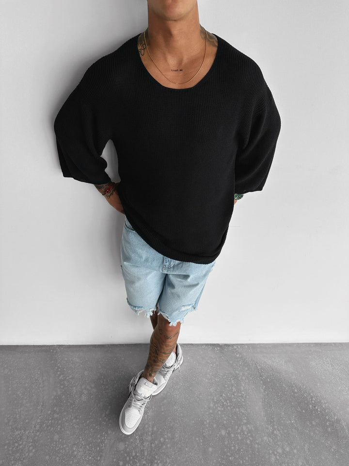 Oversize Długi T-Shirt Dzianinowy - Czarny