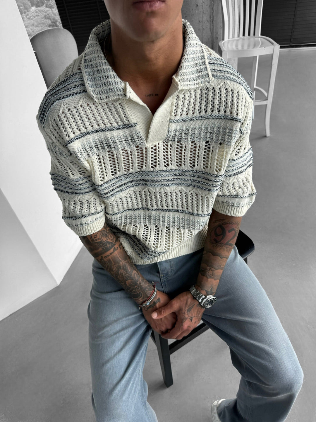 Oversize Knit Polo T-Shirt - Niebieski