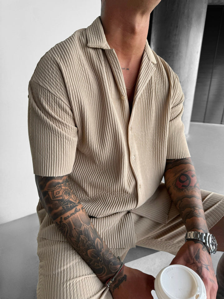 Oversize Ribbed Shirt - Beżowy