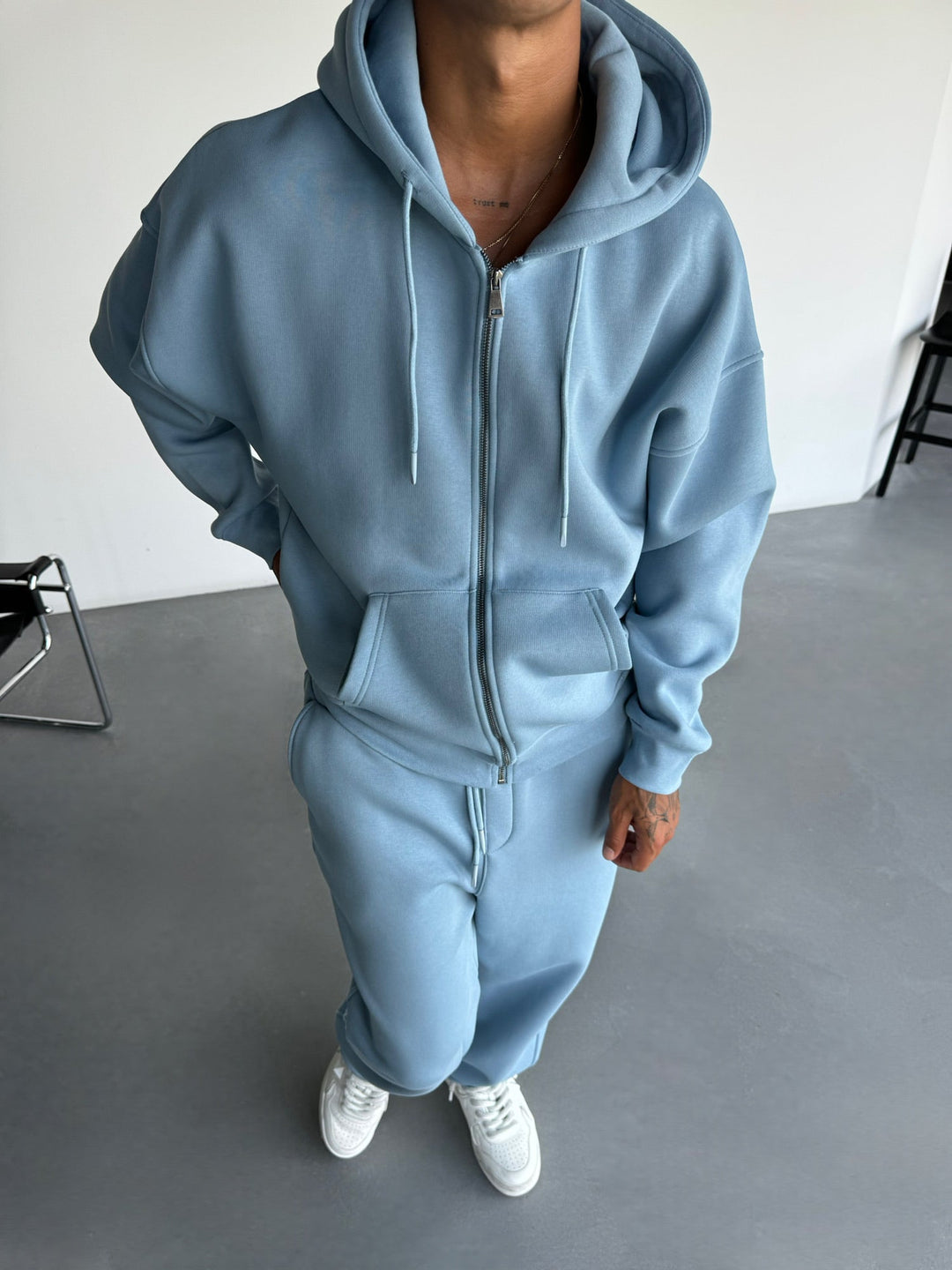 Oversize Basic Zipper Hoodie - Wyblakły Dżins