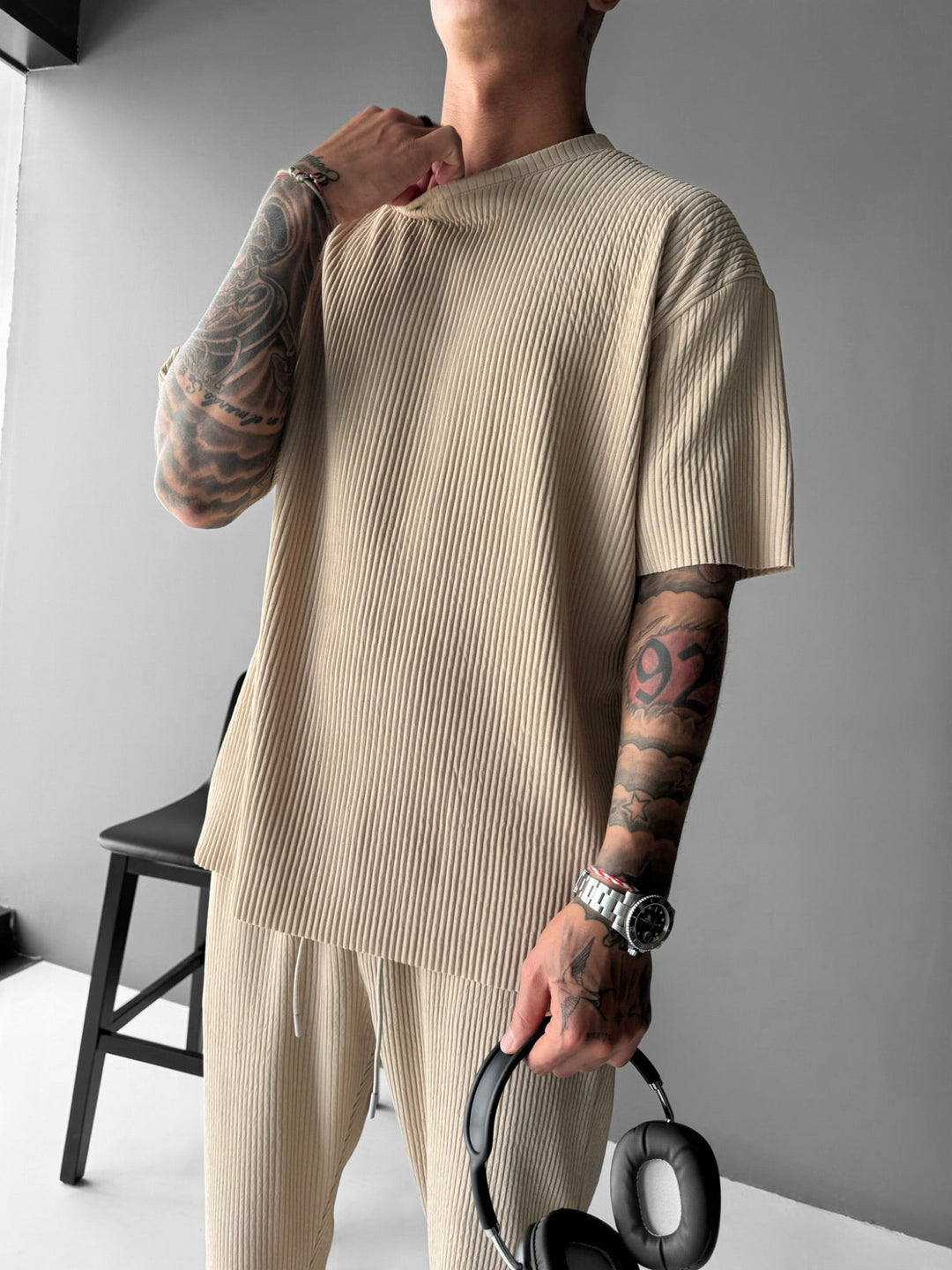 Oversize Ribbed T-Shirt - Beżowy