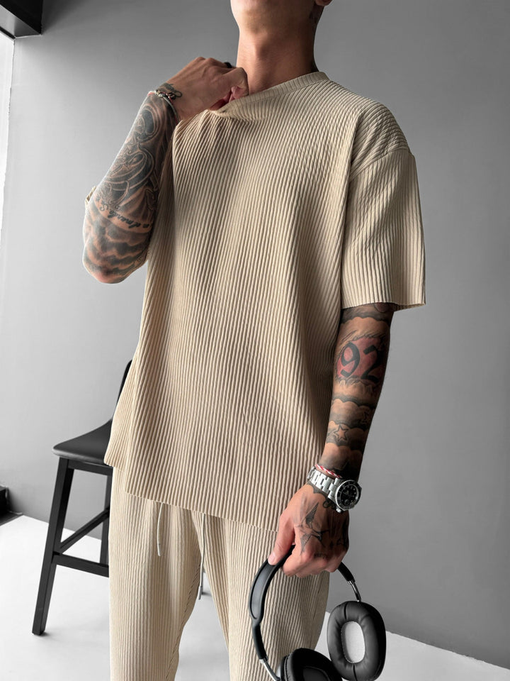 Oversize Ribbed T-Shirt - Beżowy
