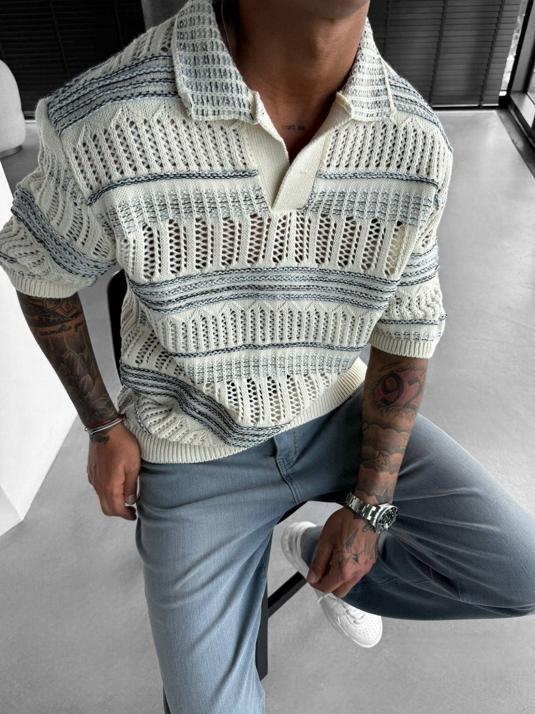 Oversize Knit Polo T-Shirt - Niebieski