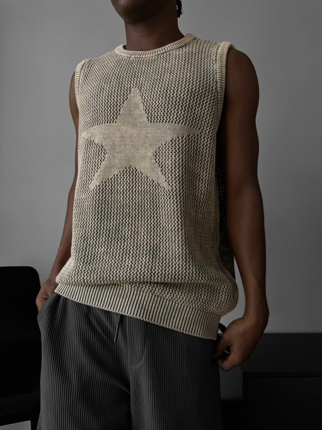 Oversize Washed Knit Star Tanktop - Kamień