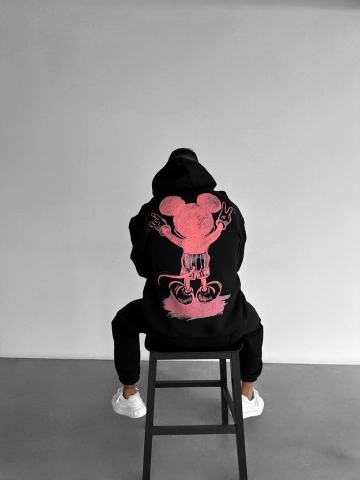 Oversize Hoodie z Myszą - Czarny i Różowy