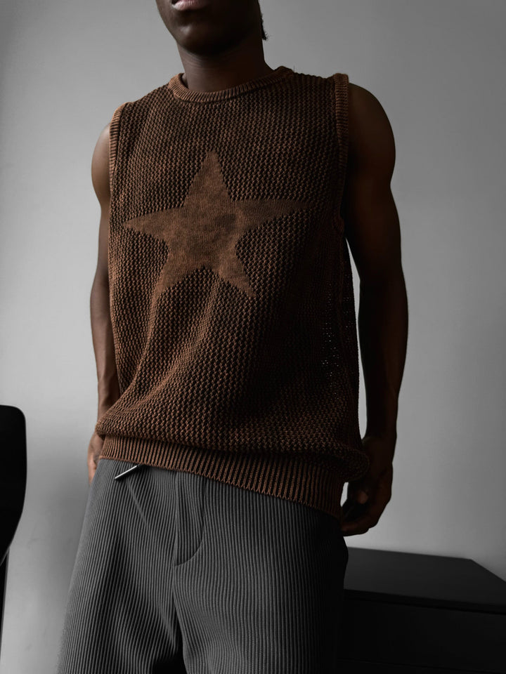 Oversize Prany Sweter z Gwiazdą - Brązowy