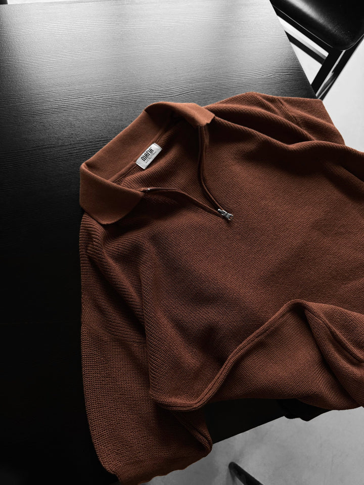 Oversize Zipper Knit Polo T-shirt - Ciemnobrązowy