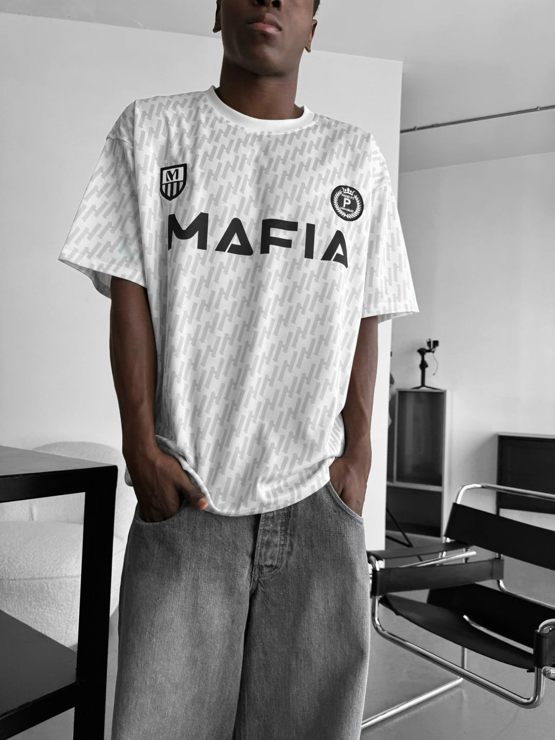 Oversize Mafia Trikot T-Shirt - Biały