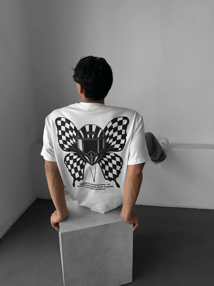 T-shirt Oversize z Motywem Motyla - Ecru