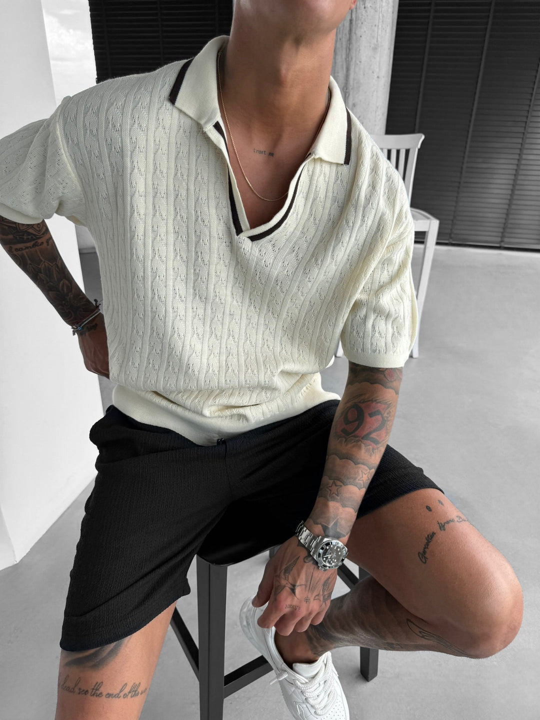 Oversize Structured Polo T-Shirt - Ecru i Brąz