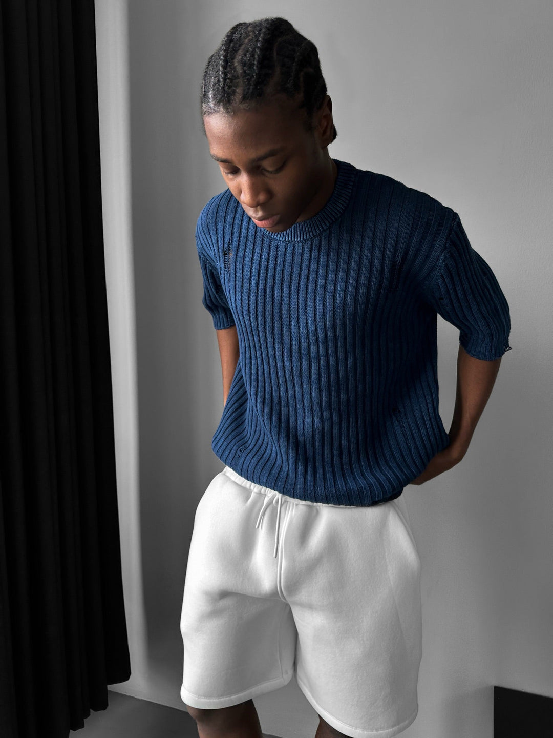 Oversize Przetarty T-shirt - Niebieski