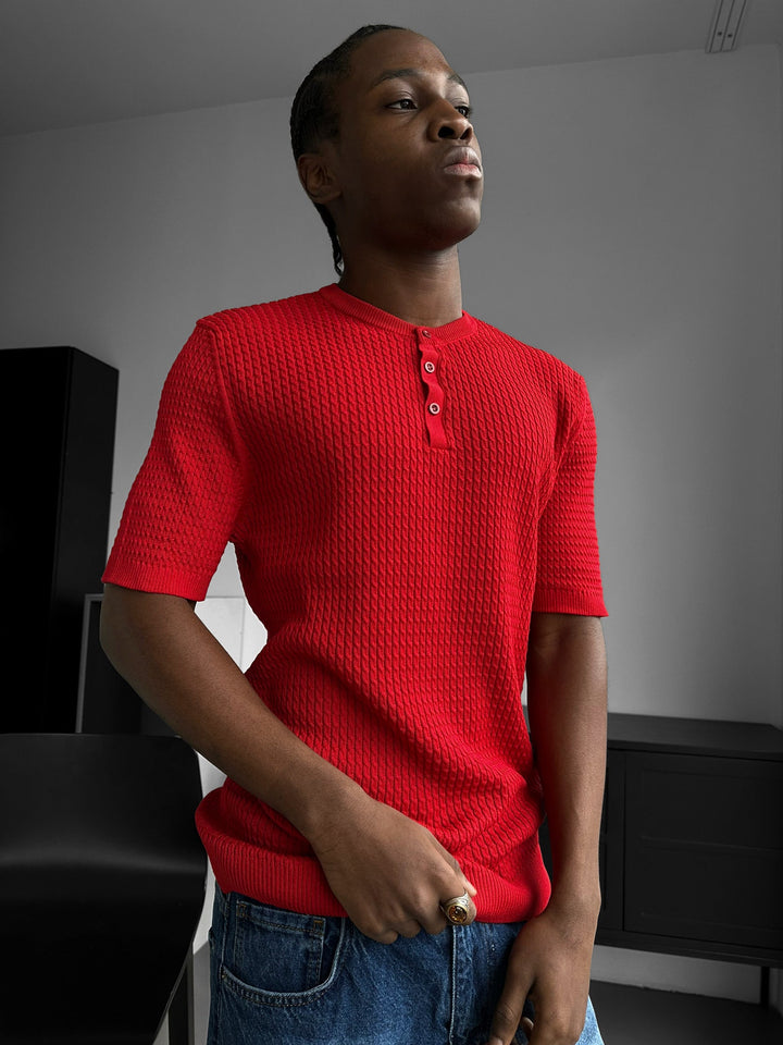 T-shirt Regular Fit Waffle z guzikiem - Czerwony