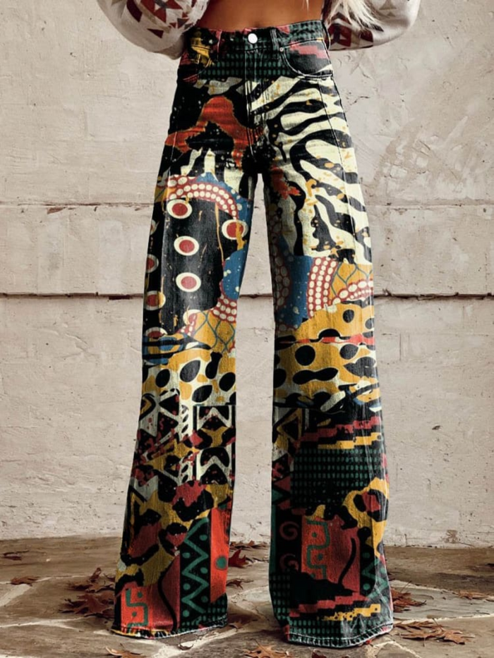 Elegancki szeroki Multicolor artystyczny spodnie