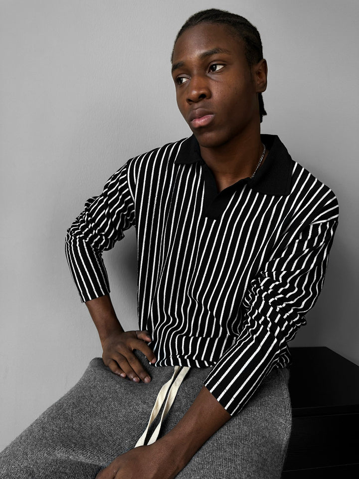 Sweter Polo w Paski - Czarny