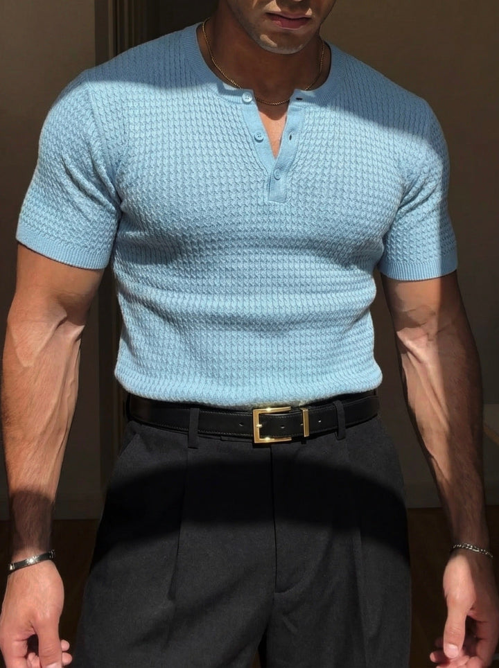 Koszulka Waffle z Guzikami w Regularnym Fitt - Babyblue