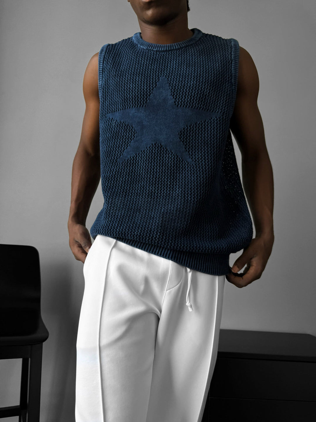 Oversize Pralny Sweter z Gwiazdami - Niebieski