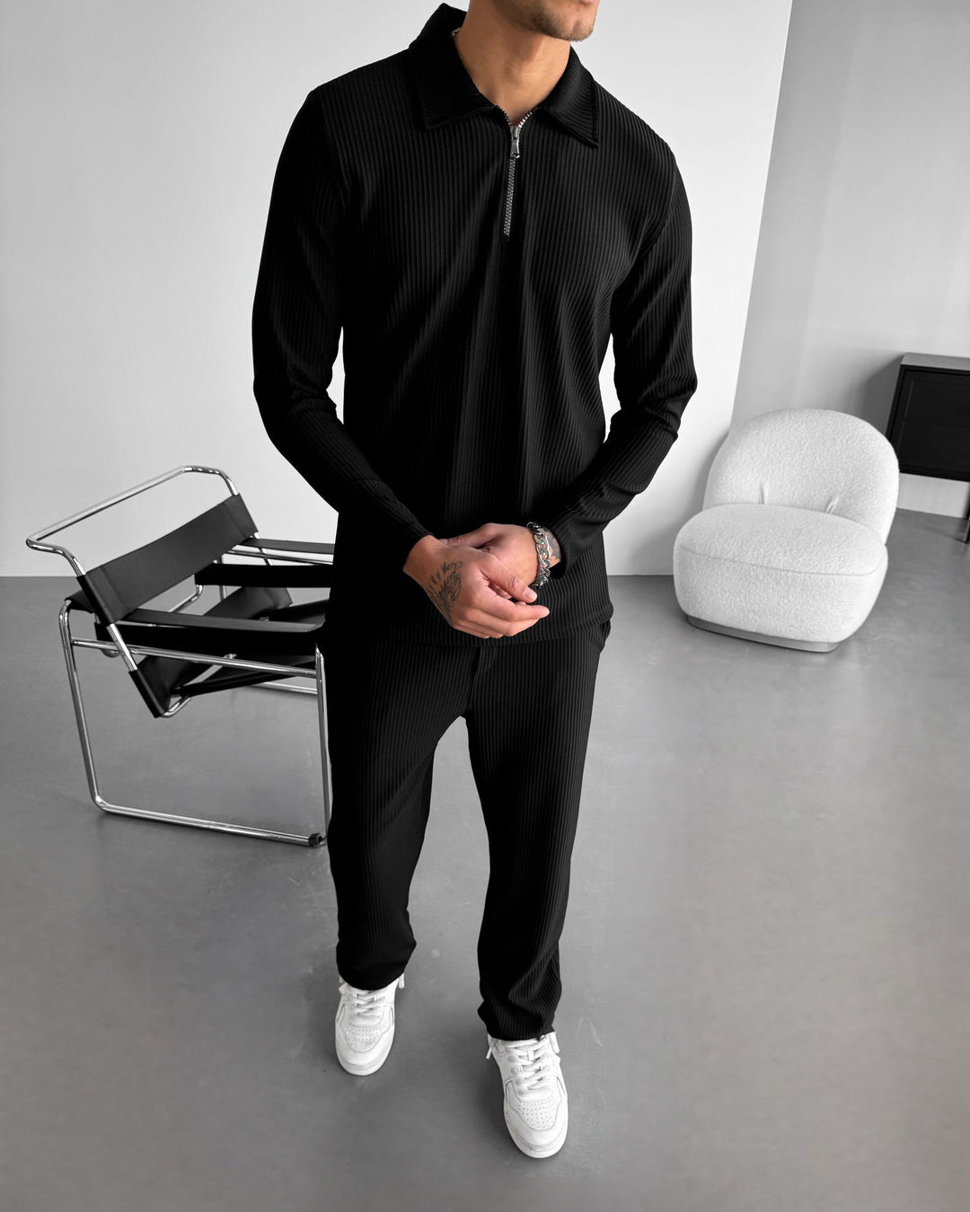 Luźna bluza polo z zamkiem - Czarna