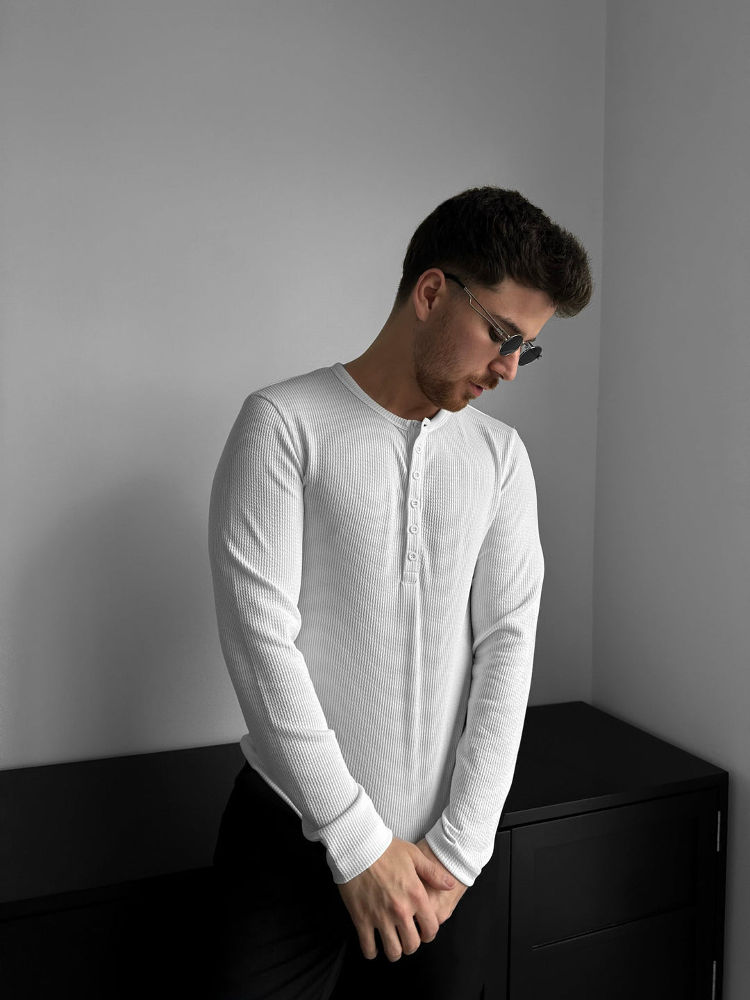 Slim Fit Long Arm Button T-shirt - Ecru