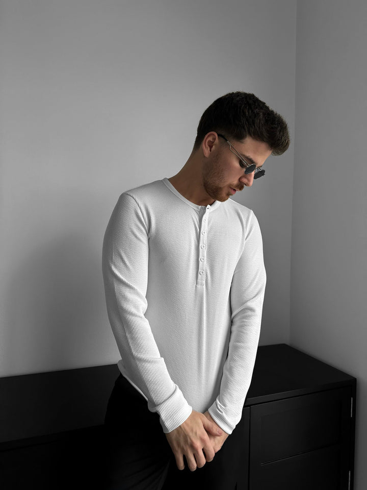 Slim Fit Long Arm Button T-shirt - Ecru