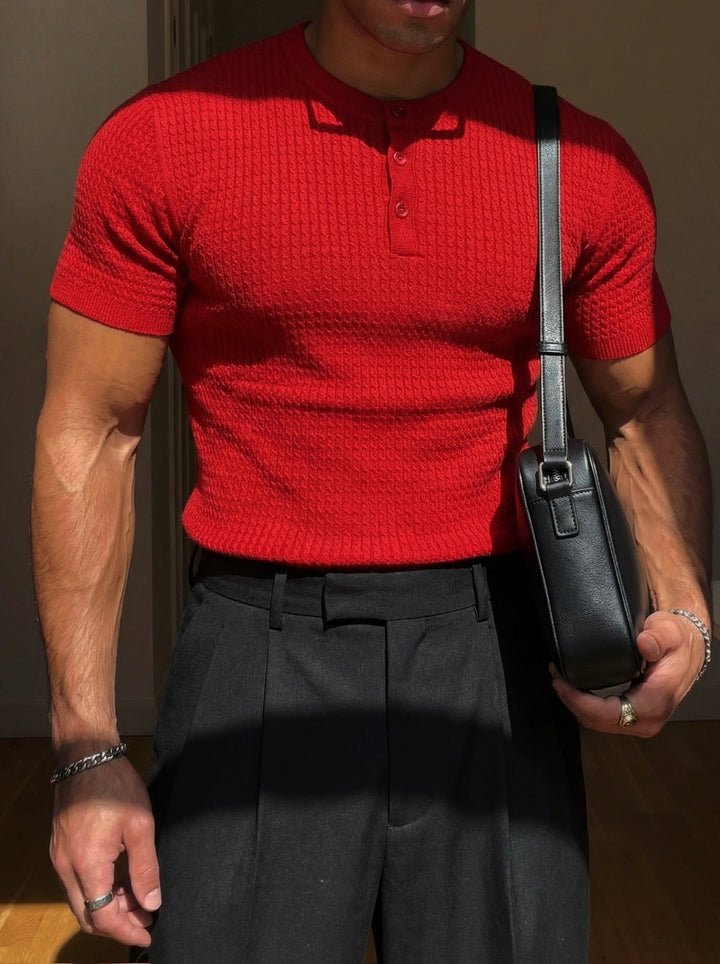 T-shirt Regular Fit Waffle z guzikiem - Czerwony
