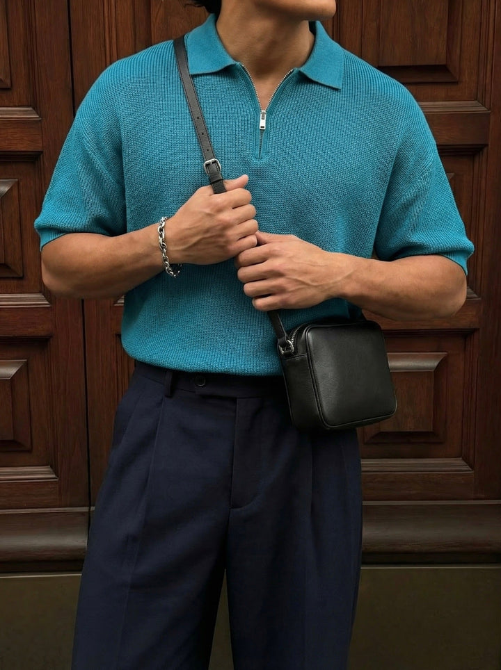 Oversize Zipper Knit Polo T-shirt - Niebieski