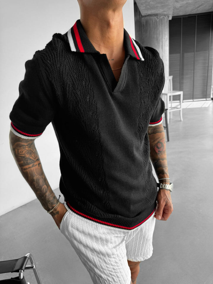 Slim Fit Detail Knit Polo T-Shirt - Czarny