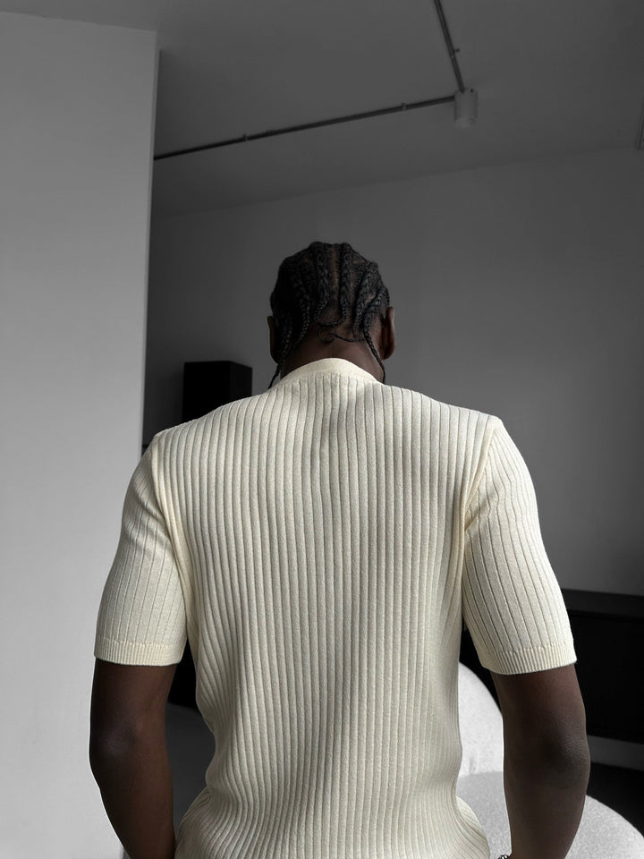Slim Fit Button Knit T-shirt - Kremowy