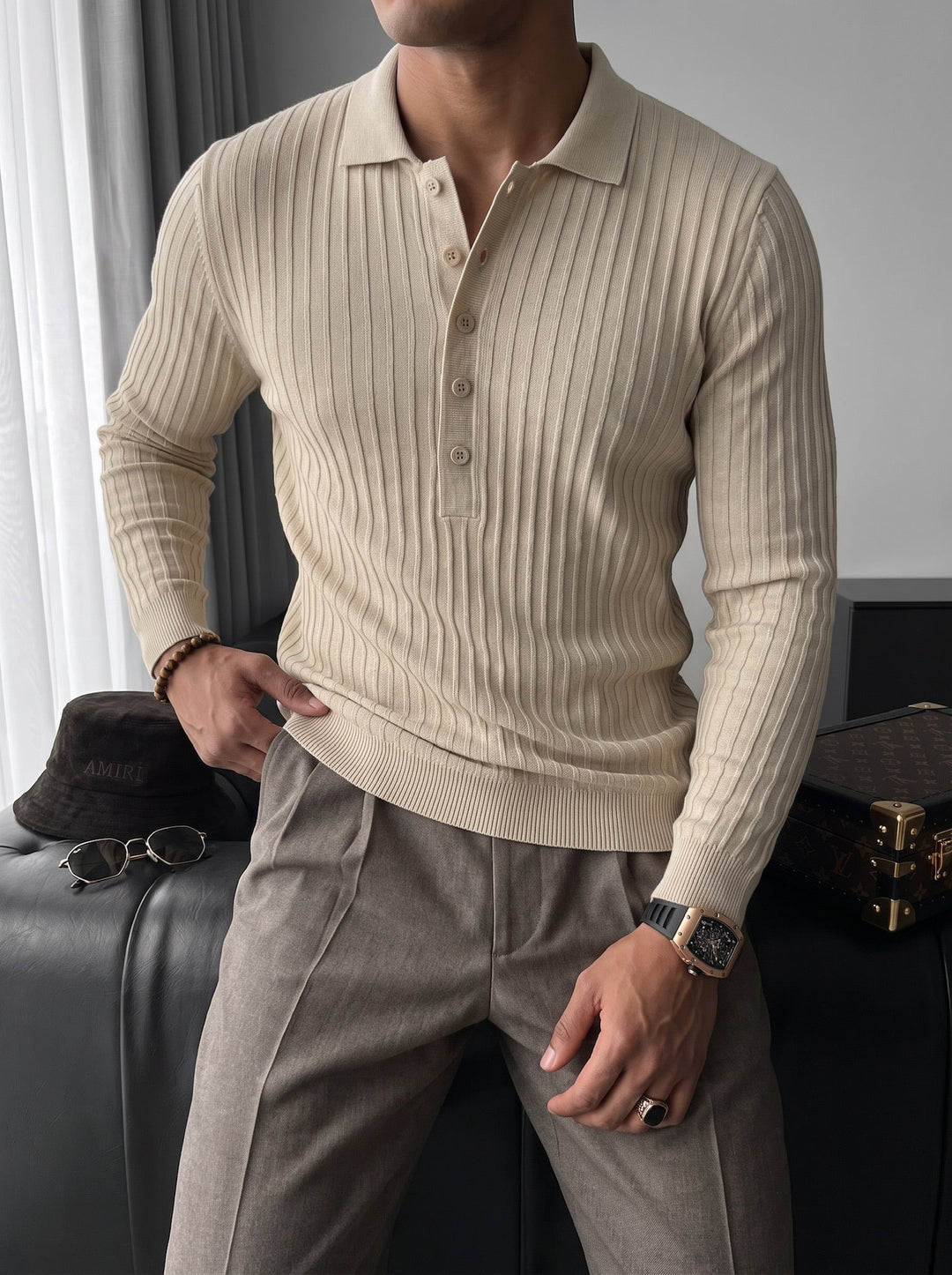 Slim Fit Polo Sweter - Beżowy