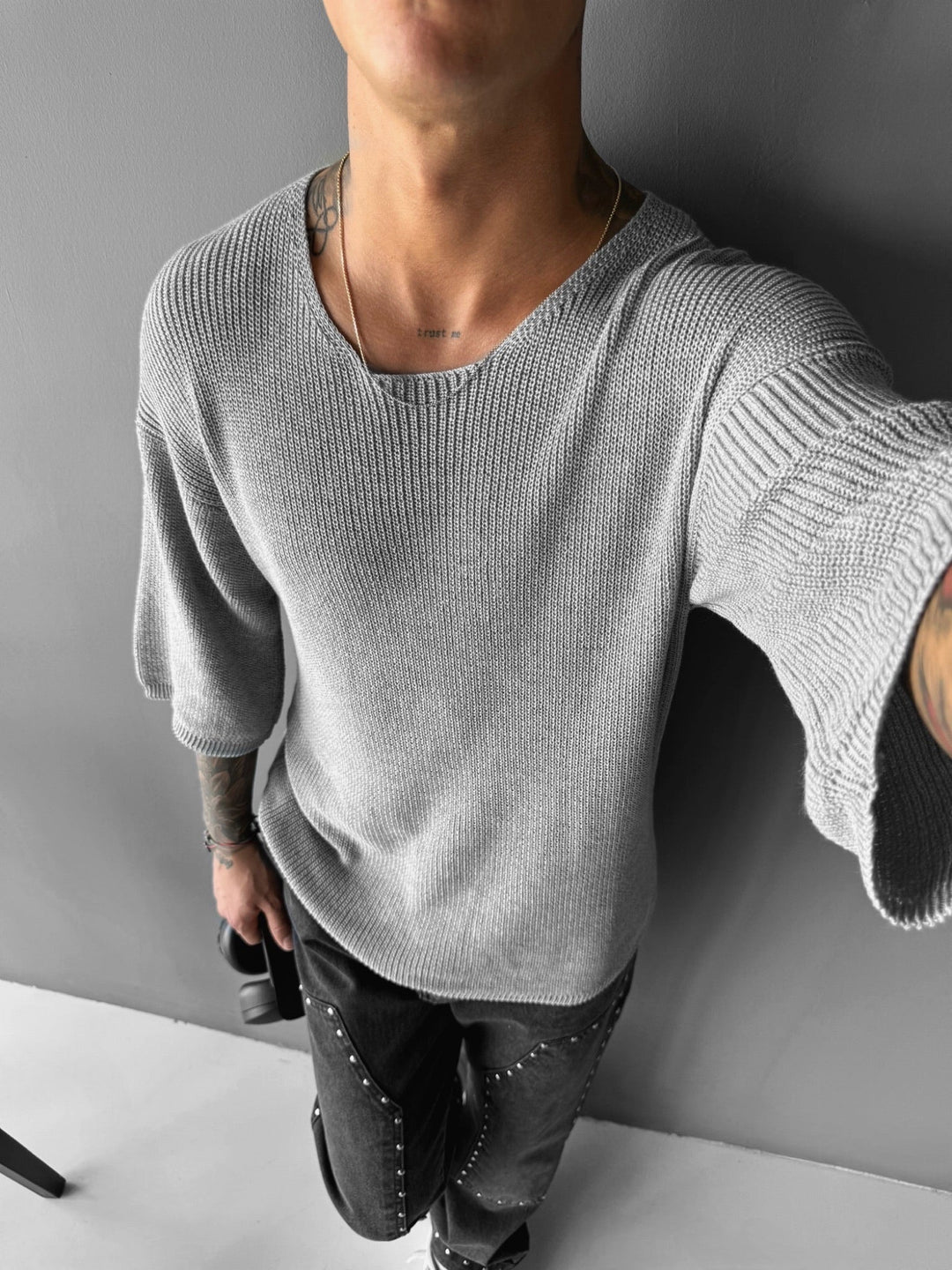 Oversize Długi T-Shirt Dzianinowy - Szary