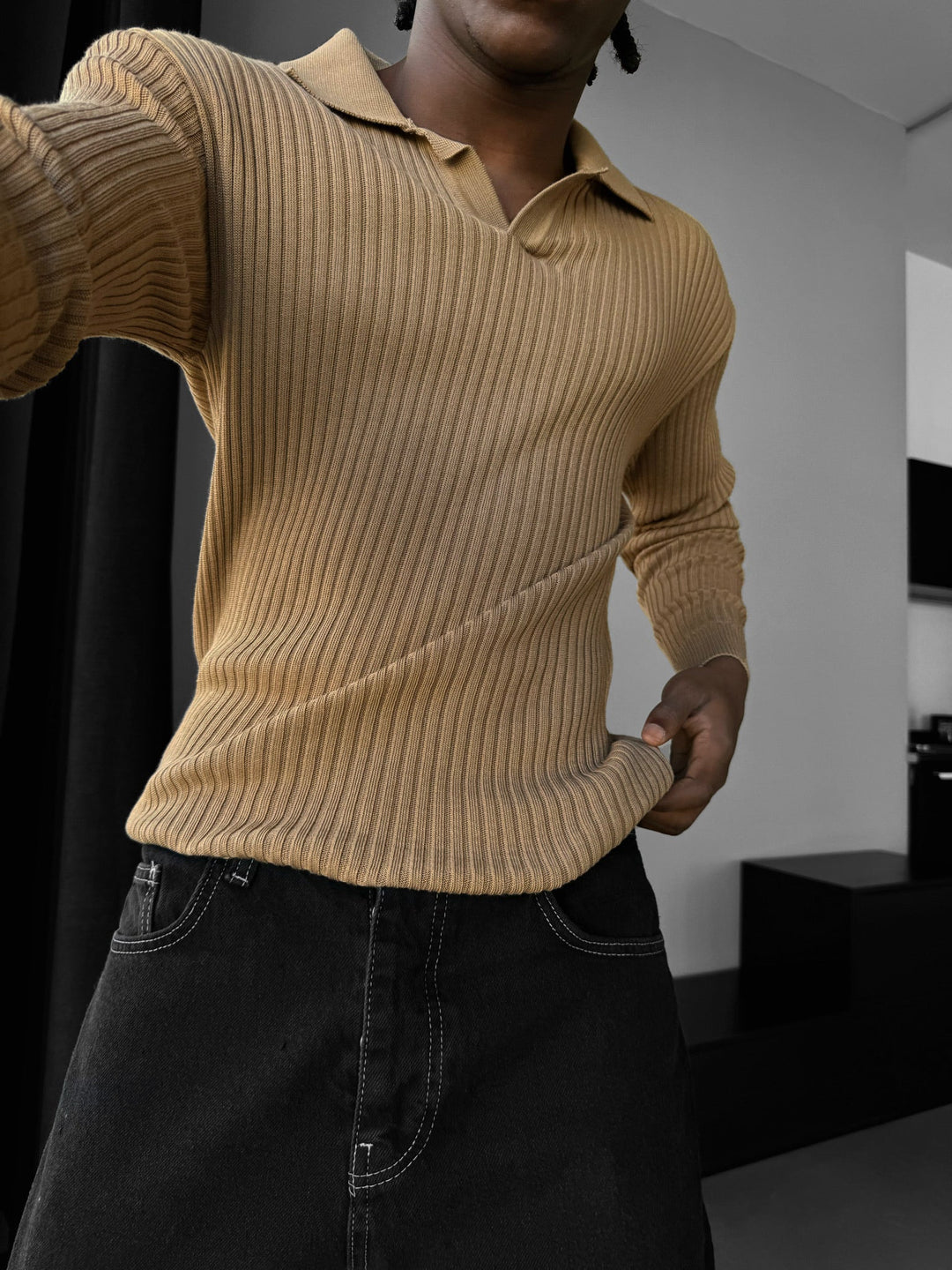Sweter Polo Slim Fit - Brązowy