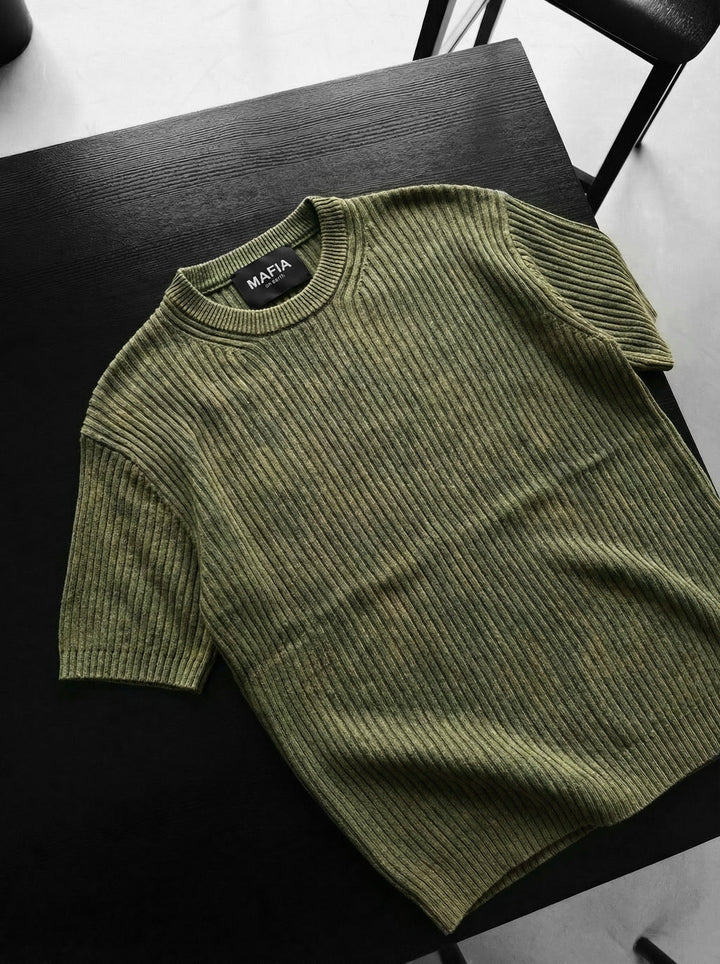 Slim Fit Prany T-Shirt z Cienkimi Liniami - Khaki