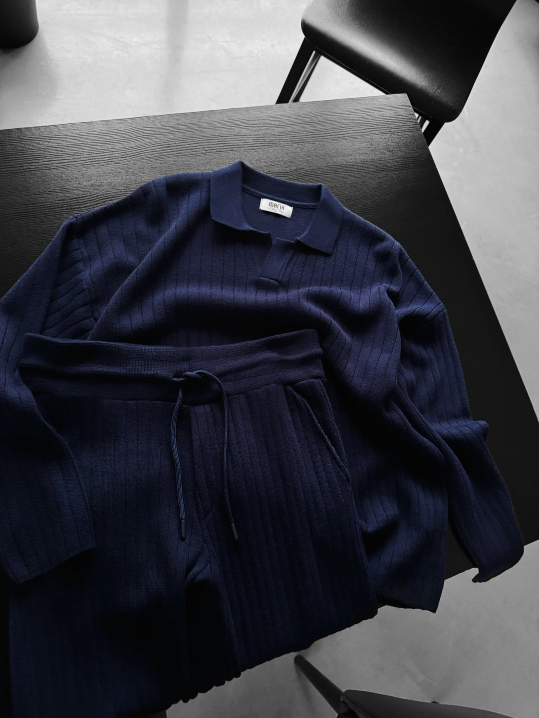Oversize Szeroki Żebrowany Długi Rękaw Sweter Polo - Granatowy