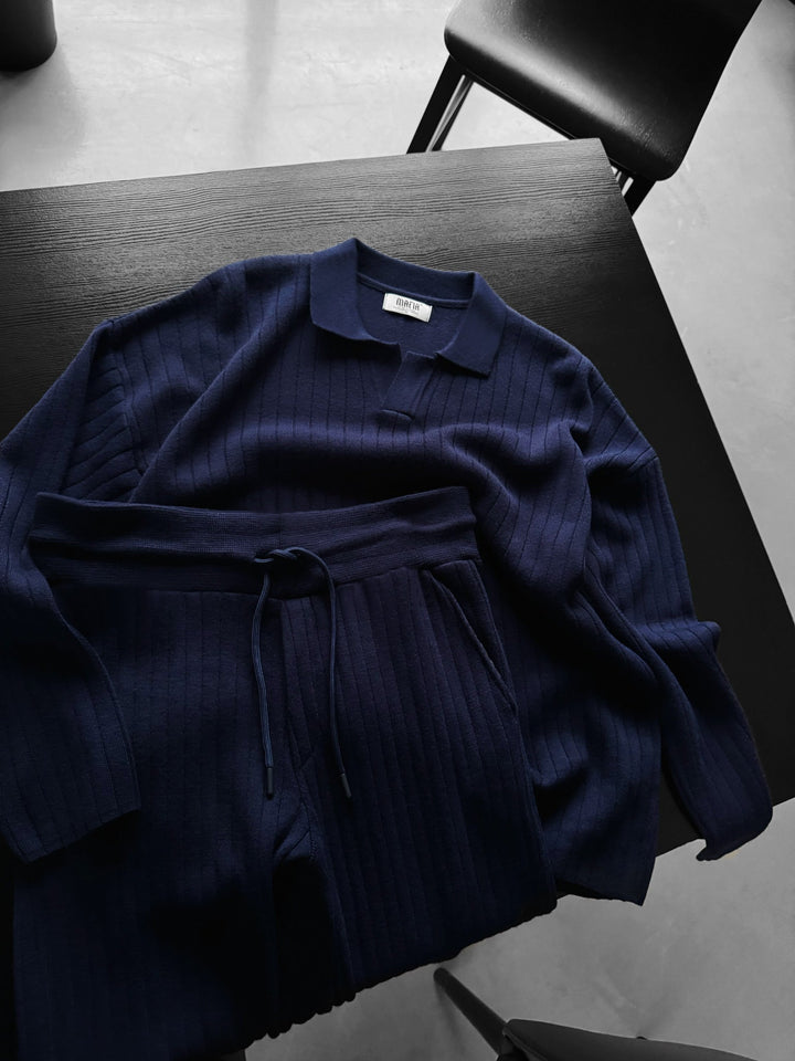 Oversize Szeroki Żebrowany Długi Rękaw Sweter Polo - Granatowy