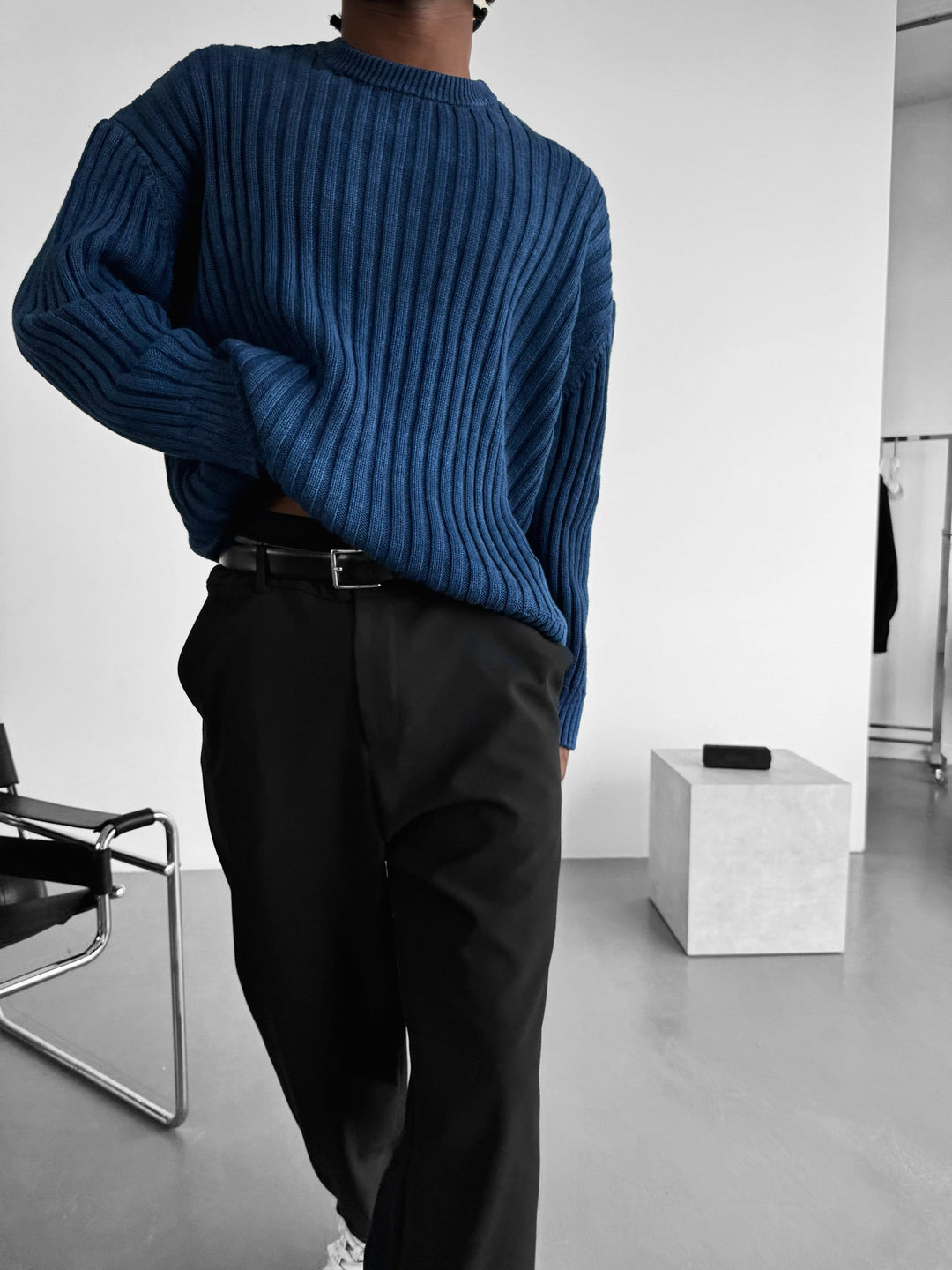 Oversize Ribbed Washed Sweater - Niebieski