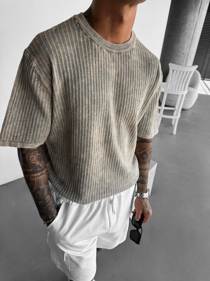 Oversize Knit Washed T-shirt - Kamień